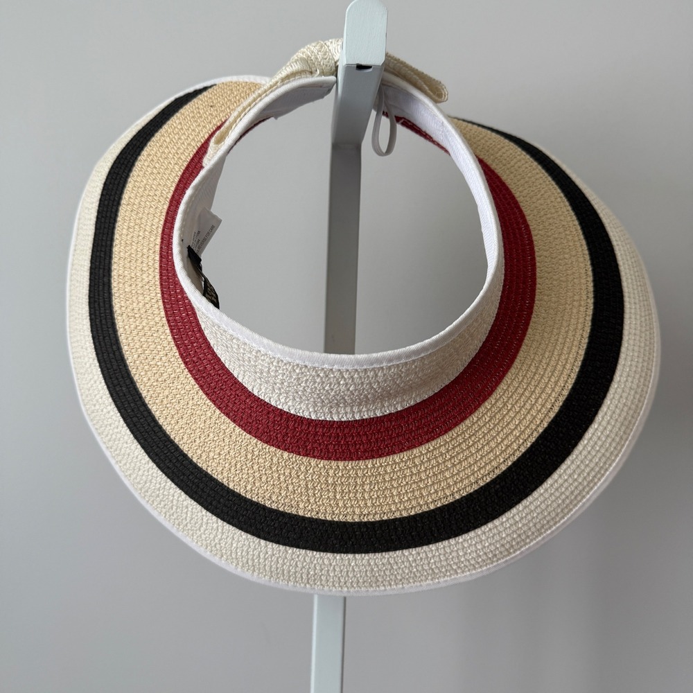 Magid OS Multicolor Straw Visor Hat Striped Bow Back Roll Up Sun Beach Accessory